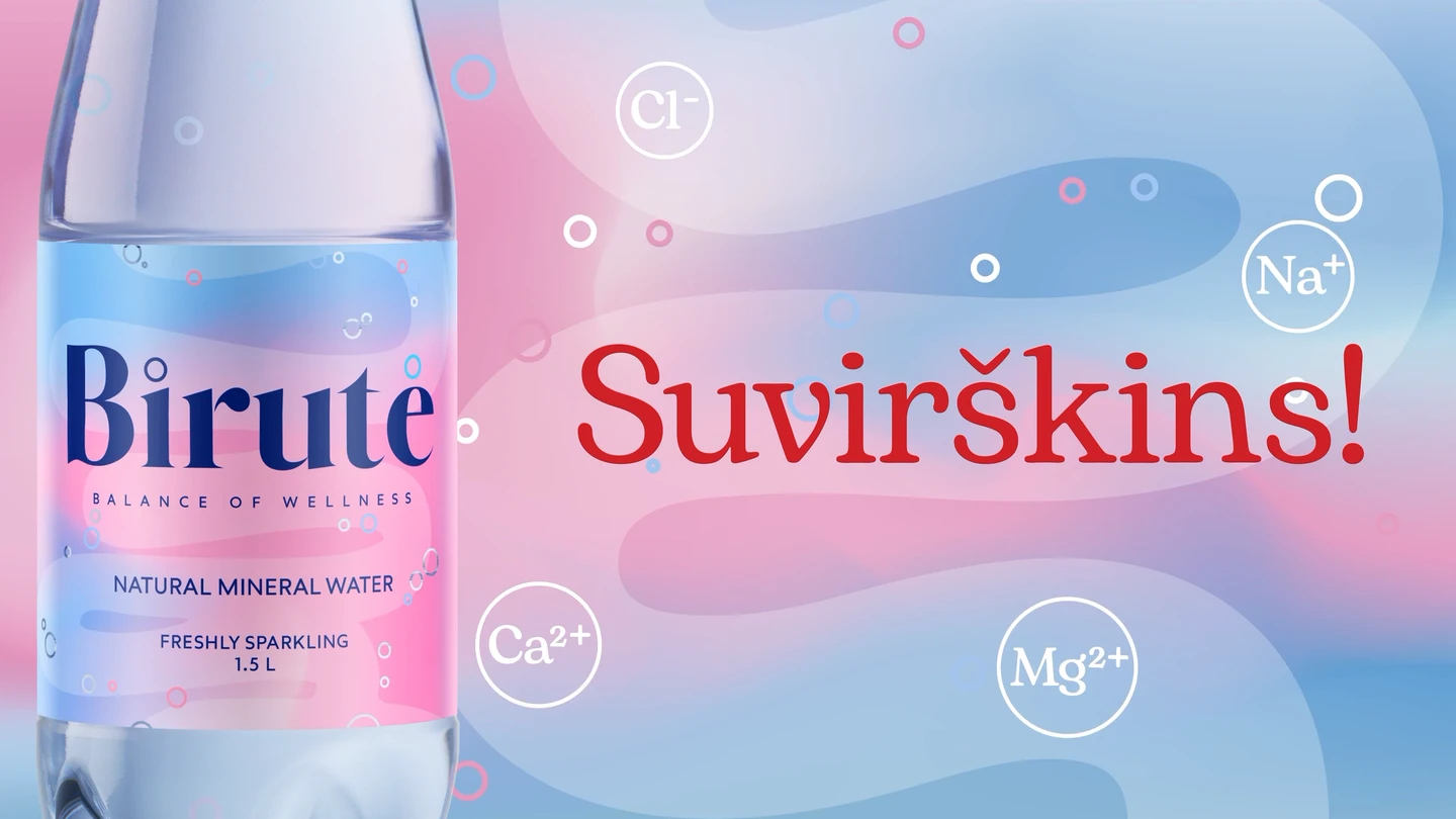 Kampanijos pabaigos kadras: Birutės butelis, užrašas „Suvirškins!“ ir mineralų simboliai rožiniame bei mėlyname fone.